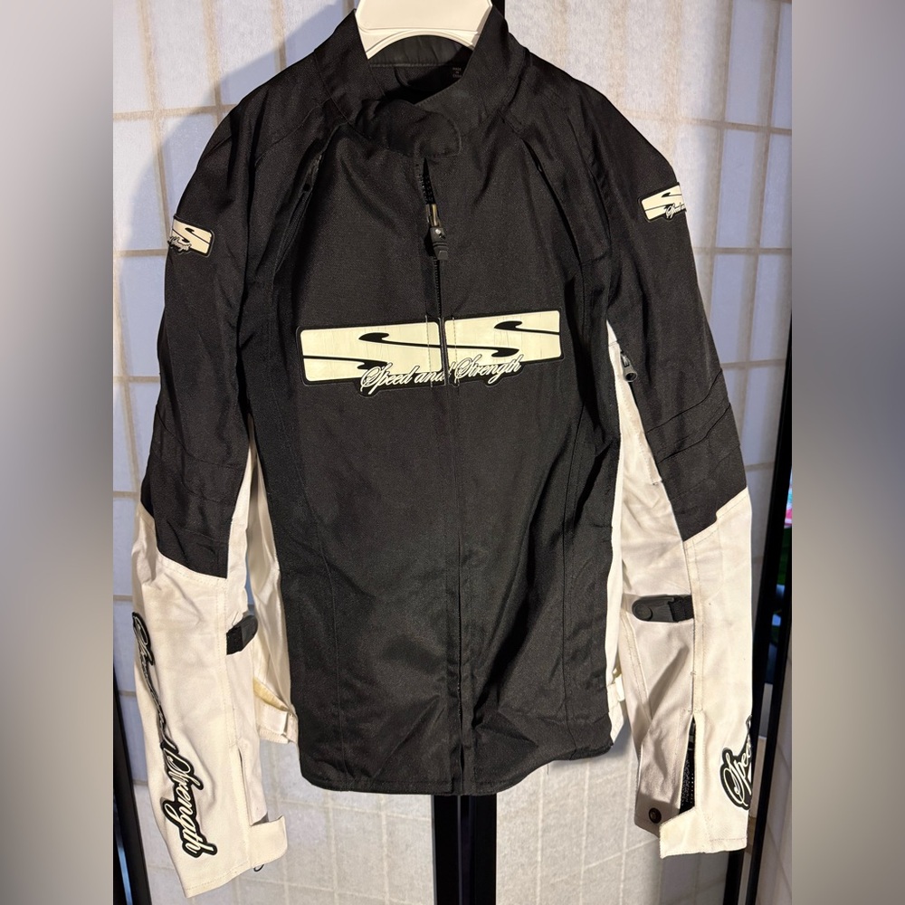 Black & White 'Speed and Strength' Motorcycle Jacket for women